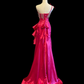 Fuchsia Satin One‑Shoulder Mermaid Evening Gown, Rhinestone Bow Ornament, Vertical Rhinestone Fringe Bust, Side Cascading Ruffle With Floral Crystal Buckle, Mermaid Silhouette With Short Train, Pageant Prom Dress gh8906