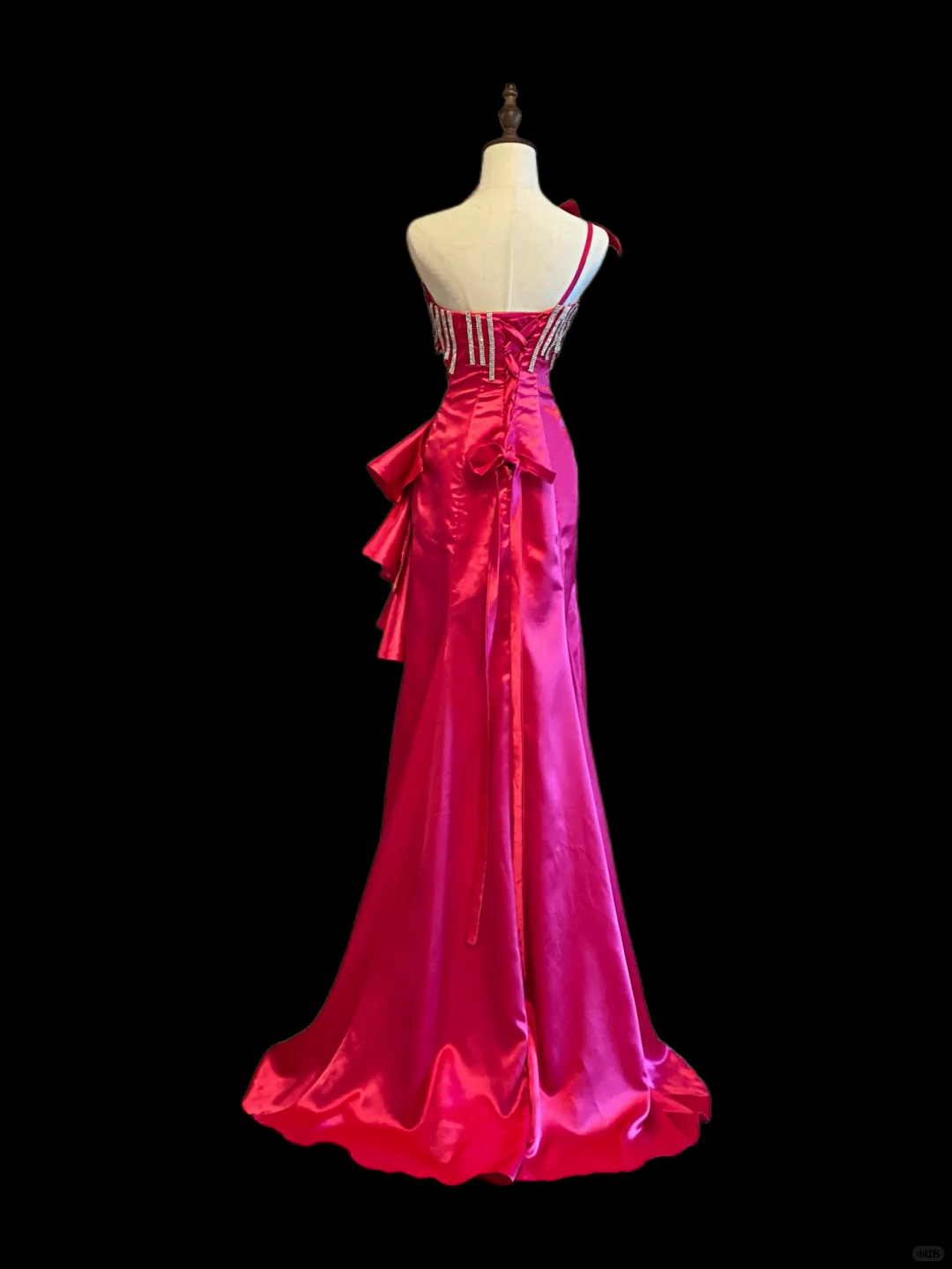 Fuchsia Satin One‑Shoulder Mermaid Evening Gown, Rhinestone Bow Ornament, Vertical Rhinestone Fringe Bust, Side Cascading Ruffle With Floral Crystal Buckle, Mermaid Silhouette With Short Train, Pageant Prom Dress gh8906
