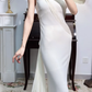 Off‑White Vintage Halter Sleeveless 3D‑Flower Diagonal‑Draped‑Sash Asymmetrical‑Train Mermaid Evening Prom Gown gh8802
