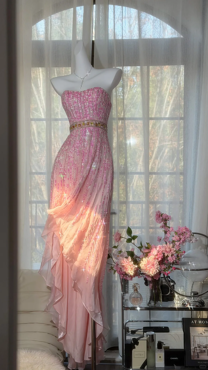 Ombre Pink Strapless Fully Sequin Evening Gown with Colorful Rhinestone Waistband & Irregular Ruffle Mermaid Skirt, Prom Dress gh9535