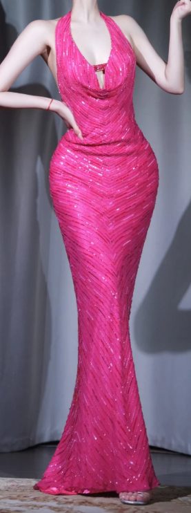 ✨Girlhomeshops-Halter Fuchsia Sequin Mermaid Long Backless Evening Dress gh10004