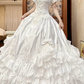 White Vintage Satin Ball Gown Wedding Prom Dress, V‑Neck Puff Sleeves, 3D Flowers Bows, Multi‑Tier Ruffle Cake Hem gh8713