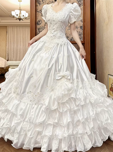White Vintage Satin Ball Gown Wedding Prom Dress, V‑Neck Puff Sleeves, 3D Flowers Bows, Multi‑Tier Ruffle Cake Hem gh8713