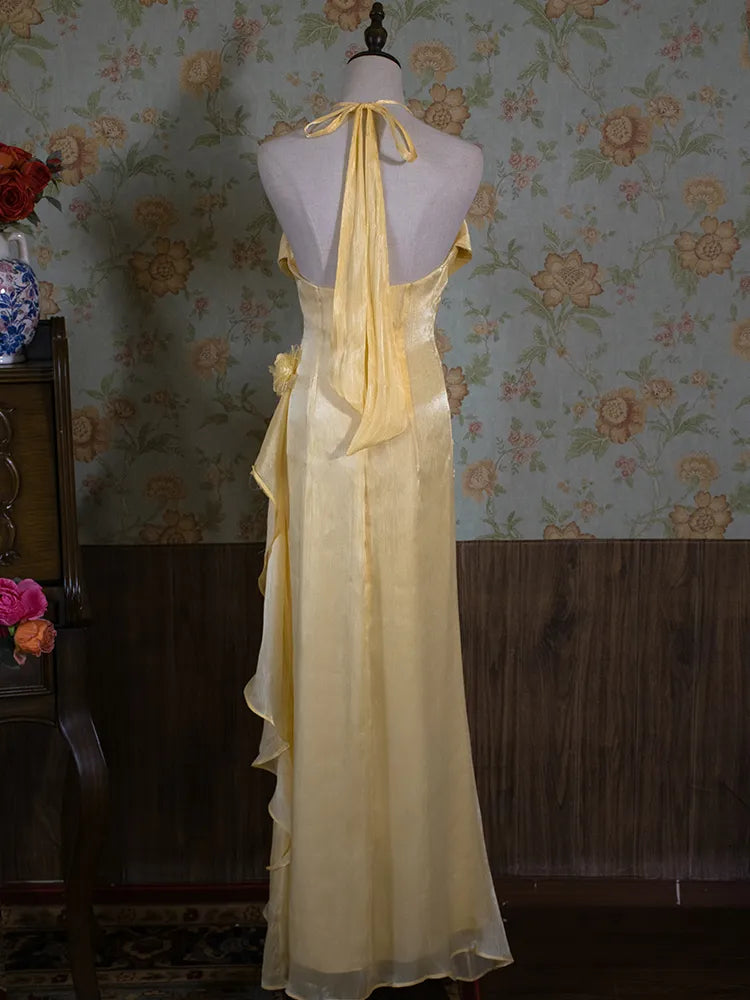 Robe de soirée longue dos nu à fleurs délicates et brillantes, jaune/vert/bordeaux, robe de fête d'anniversaire gh3385