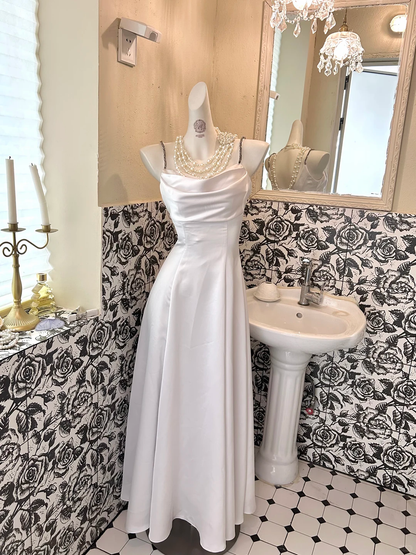 White Satin Spaghetti Straps, Waist-Cinched, Figure-Flattering Elegant Romantic Dress, Wedding Gown gh7770