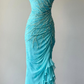 Light Lake Blue Strapless Waist-Cinched Ruched Beaded Sexy Fitted Evening Dress, Fairy Gown, Romantic Gown gh7453