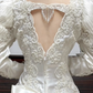 Ivory Vintage Satin Wedding Gown, V‑Neck, Vintage Leg‑of‑Mutton Puff Long Sleeves, Exquisite Lace Appliqués Fitted Waist, Satin Full‑Skirt With Long Train, Lace Trim On Hem, Bridal Prom Dress gh8758