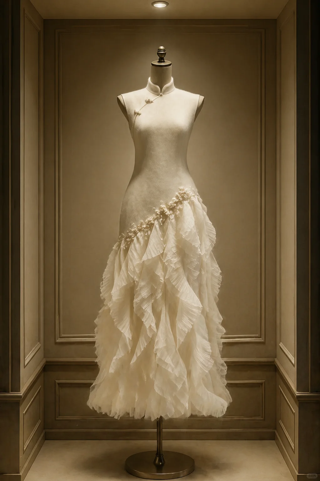 ✨Girlhomeshops-Tiered Ruffle Tulle Mermaid Ivory Qipao Cheongsam Wedding Dress gh10477