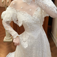 Off‑White Vintage Lace Illusion High‑Neck Off‑the‑Shoulder Ruffle Long Sleeve Fitted Waist Full Lace Train Long Prom Gown, Wedding Dress gh8612