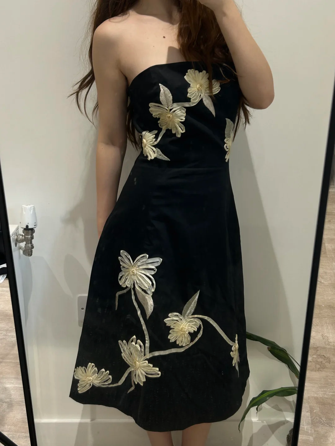 Black Vintage Luxury Strapless Apricot Print Fitted Waist Prom & Evening Party Dress gh8446