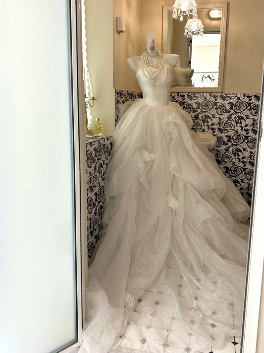 Long Romantic Ivory Strapless Wedding Gown with Cinched Waist & Fluffy Princess Skirt gh7719