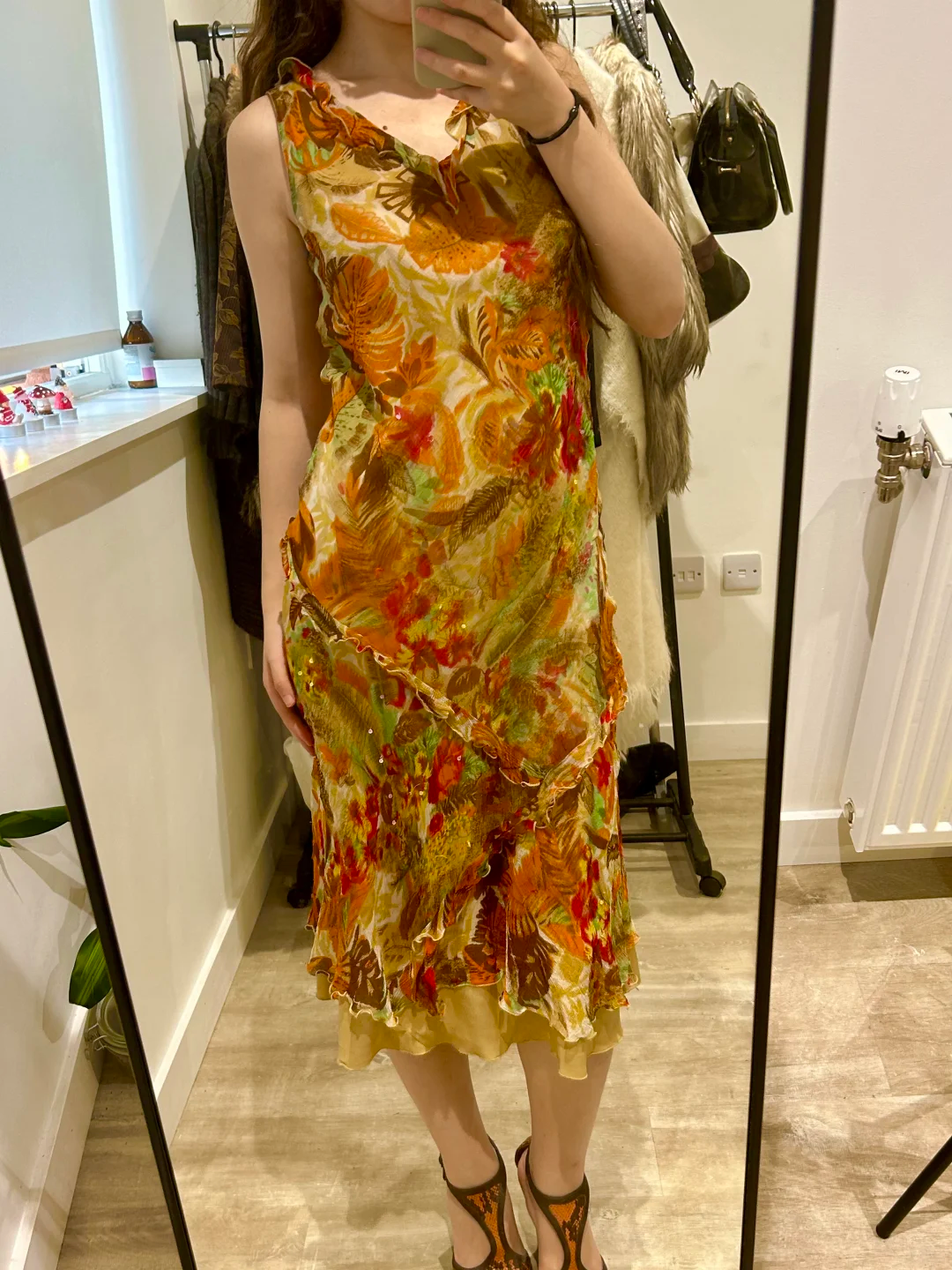 Yellow Vintage Floral Print Spaghetti Strap Fitted Waist Slim Prom & Evening Party Dress gh8454
