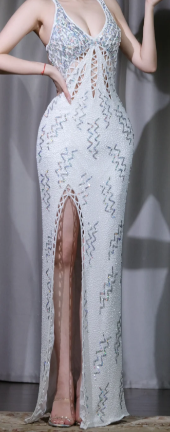 ✨Girlhomeshops-Iridescent Sequin Mermaid Prom Dress White V Neck Cutout High Slit Evening Gown gh9961
