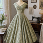 Sage Green Vintage Floral Midi Dress, Off‑Shoulder Fold‑Over V‑Neck Cap Sleeve Pearl Beaded Waistband High Waist Full A‑Line Swing Skirt Party Gown gh9101