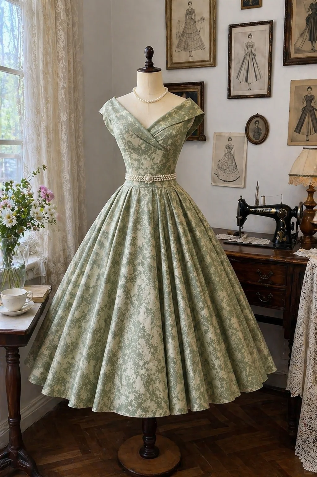 Sage Green 1950s Vintage Evening Gown, Fold‑Over Off‑The‑Shoulder V‑Neck, Pearl Embellished Waist Belt, Floral Jacquard, Full A‑Line Swing Midi Skirt, Party Prom Dress gh8923