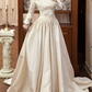 Light Champagne Apricot Vintage Off‑the‑Shoulder V‑Neck 3D Floral Lace Long Satin Sleeve Fitted Waist Full Flared Train Long Prom Gown, Wedding Dress gh8613