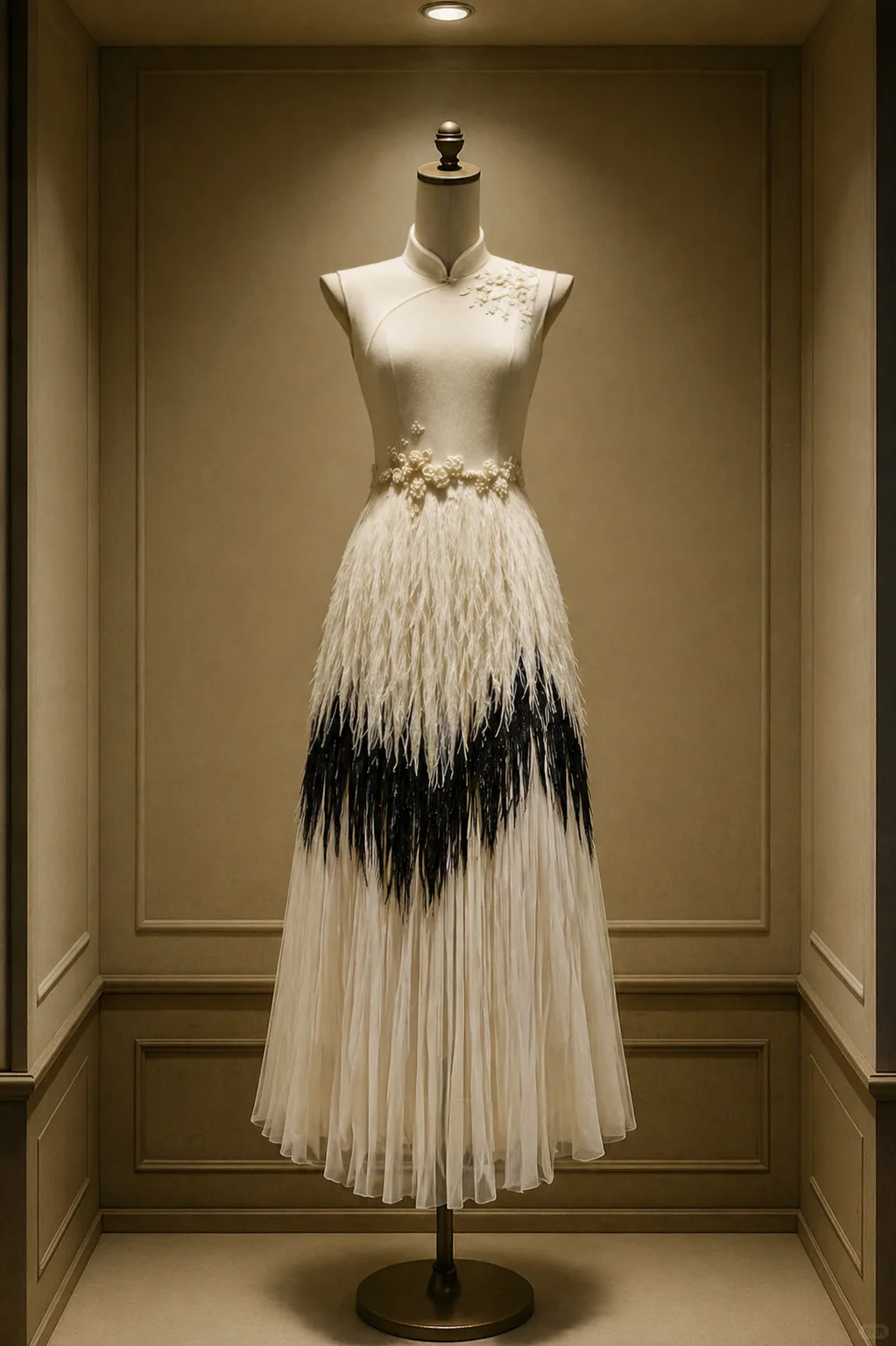 ✨Girlhomeshops-Black White Gradient Fringe Tulle Ivory Qipao Cheongsam Evening Dress gh10481