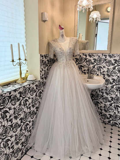 Ivory V-Neck Silver Sequin Waist-Cinched Fitted Elegant Sexy Full Flared Romantic Dress, Wedding Gown gh7533
