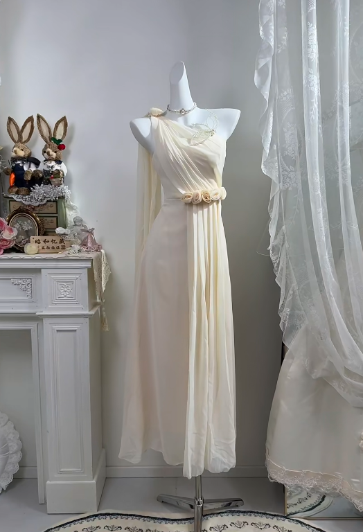 Cream White Long Greek Style Evening Gown, One Shoulder Draped Chiffon Dress With 3D Floral Appliques, Floor Length Formal Party Gown gh9270