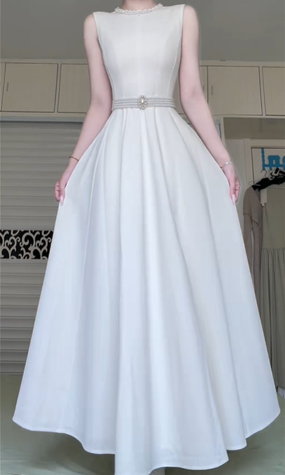 Ivory Satin Sleeveless Long Evening Gown, Pearl Trim Round Neck Beaded Waistband A‑Line Prom Dress for Wedding Banquet gh8963