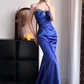 Royal‑Blue Vintage Strapless Sweetheart Prom Gown, Rhinestone‑Trimmed Neckline, Chest Bow Detail, Bodice & Waist Ruched Design, Glossy Satin Fabric, Fitted Mermaid Floor‑Sweeping Evening Dress gh8825
