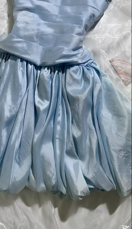 Sexy Vintage Short Prom & Evening Party Dress, Light Blue Strapless Gown with Beaded Details, Fitted Waist Silhouette gh8574