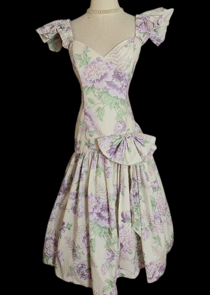 Elegant Vintage Purple Print Square Neck Fitted Waist Prom & Evening Party Dress gh8499