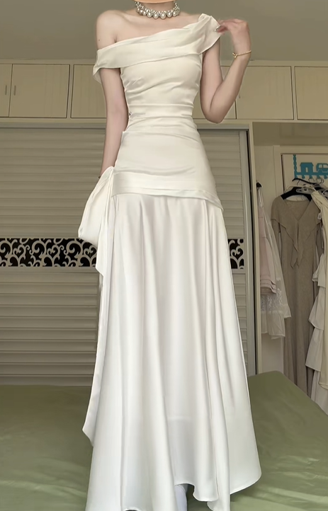 Ivory Off‑The‑Shoulder Fold‑Over Satin Long Evening Gown, Draped Pleats Side Sash A‑Line Formal Prom Dress gh8993