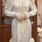 Ivory Vintage Satin Mermaid Wedding Prom Dress, Lace High Neck Illusion V‑Neck, Leg‑of‑Mutton Puff Sleeves, Gold‑Silver Lace Appliqués, Back Bow, Scalloped Lace Long Train gh8674