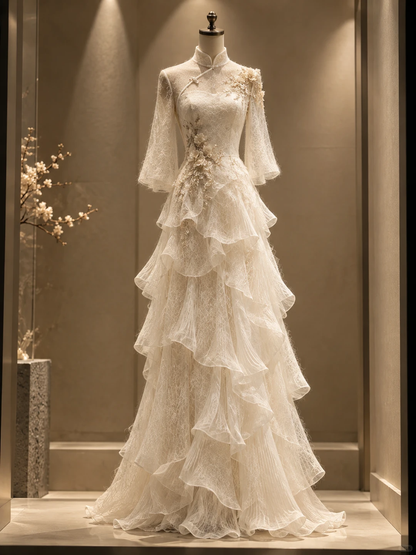 ✨Girlhomeshops-New Chinese Qipao Lace Wedding Gown, Tiered Ruffle 3D Floral Bridal Dress gh10337
