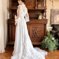 Off‑White Vintage Edwardian High Neck Lace Sheer Puff Long Sleeve High Waist Multi‑Layer Ruffle Lace Hem Long Train Prom Gown, Wedding Dress gh8622