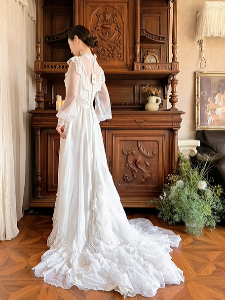 Off‑White Vintage Edwardian High Neck Lace Sheer Puff Long Sleeve High Waist Multi‑Layer Ruffle Lace Hem Long Train Prom Gown, Wedding Dress gh8622