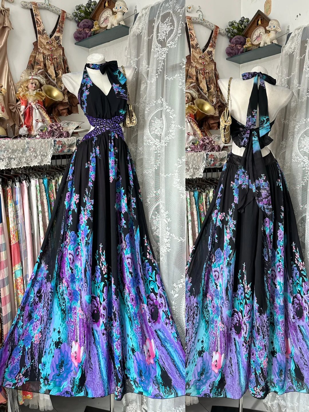 Sexy Long Black Base Vintage Blue Skirt Print Backless Prom & Evening Party Dress gh8473