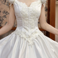 White Vintage Satin Ball Gown Wedding Prom Dress, V‑Neck Sleeveless With 3D Fabric Roses, Floral Lace Appliqués, Voluminous Satin Skirt gh8715