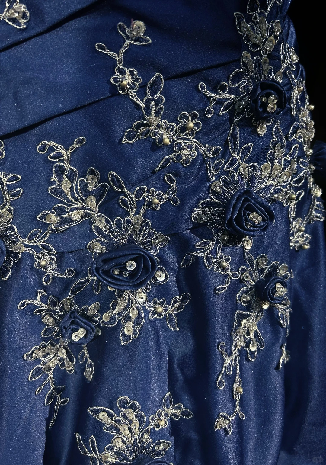One Shoulder Navy Blue Satin Prom Dress Ruched Bodice Lace Embroidery 3D Floral Beaded Formal Gown gh9553