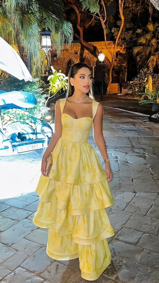 Yellow sweet elegant sleeveless ruffle floor length long tiered ball gown evening dress birthday party dress gh3034