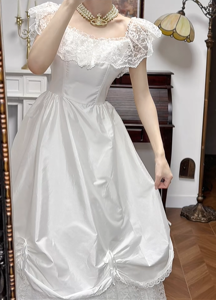 Ivory Vintage Satin Wedding Gown, Square Neck With Lace Flutter Sleeves, Fitted Waist, Outer Ruched Bow Satin Over‑Skirt, Inner Multi‑Tier Lace Cake Layered Long Skirt, Bridal Prom Dress gh8756