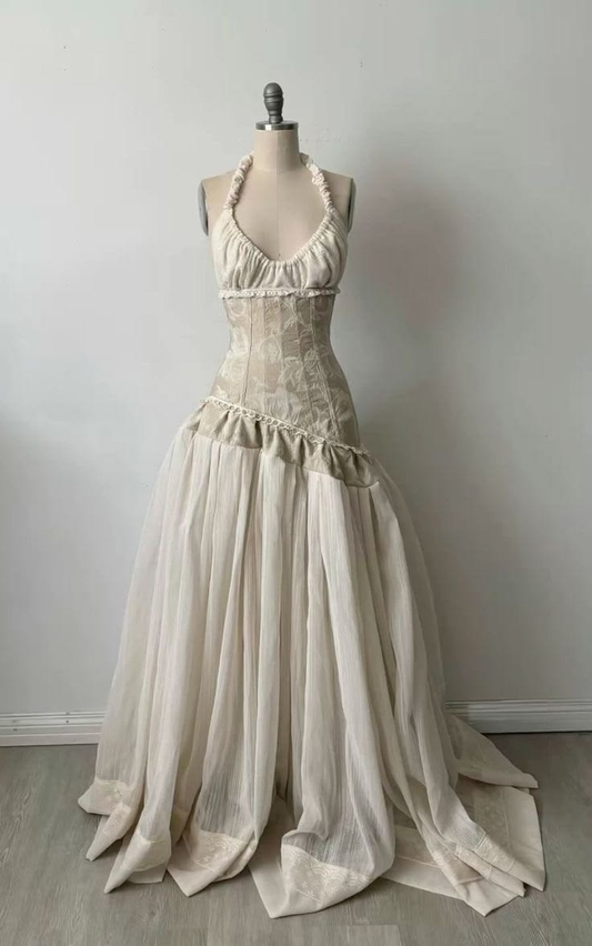 ✨Girlhomeshops-Cream Halter Lace Corset Prom Dress, Vintage Flowy A Line Evening Gown gh10213