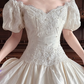Cream Vintage Satin Ball Gown, Sweetheart Off‑The‑Shoulder Puff Short Sleeves, Lace Appliqué Beaded Bodice, Lace Waistband, Voluminous Pleated Skirt, Wedding Prom Dress gh8633