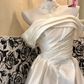White Off-the-Shoulder Satin Waist-Cinched Full Flared Long Vintage Romantic Dress, Wedding Gown gh7561
