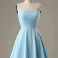 Robe de soirée courte en satin à bretelles spaghetti sans manches et nœud simple bleu gh808