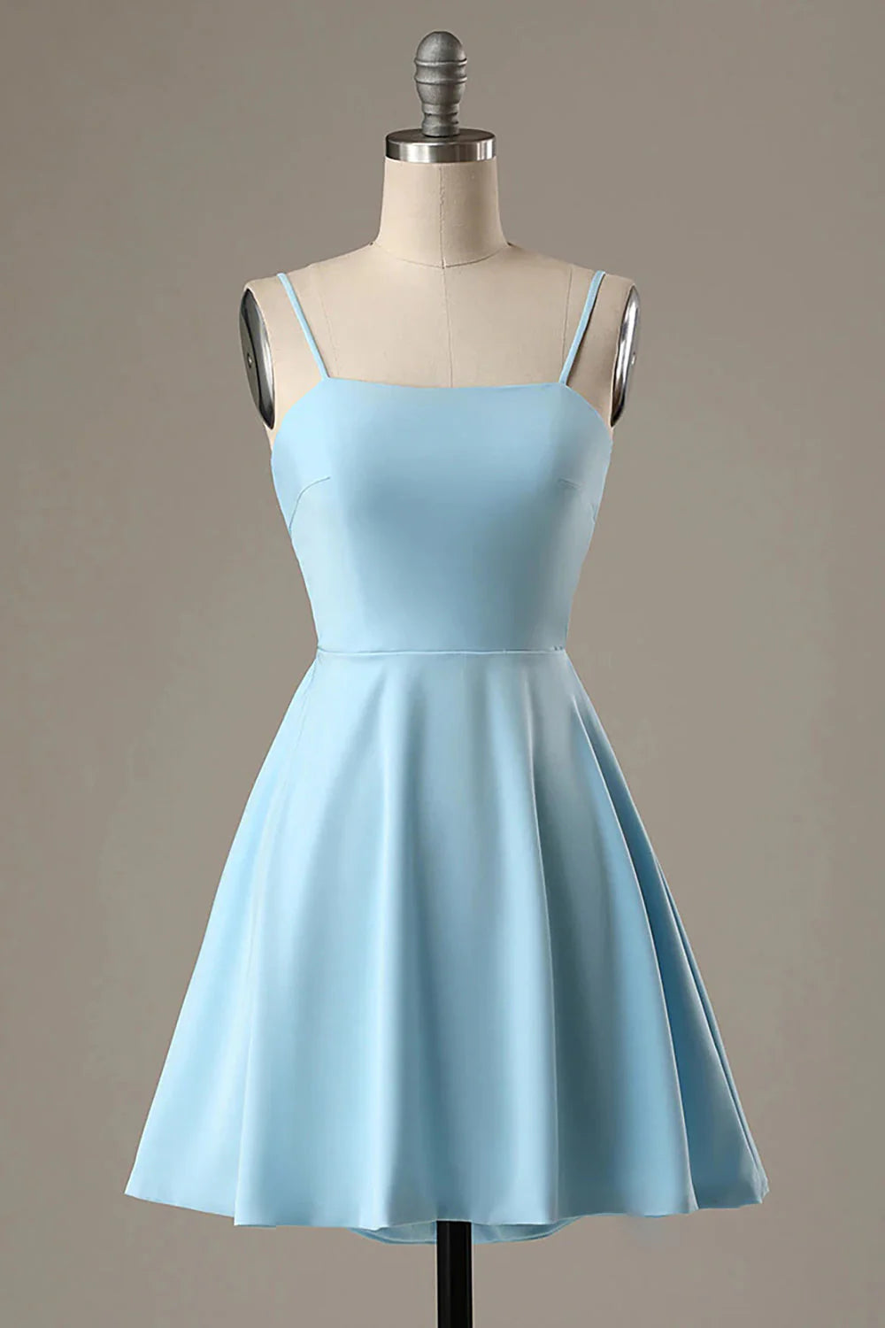 Robe de soirée courte en satin à bretelles spaghetti sans manches et nœud simple bleu gh808