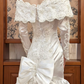 Ivory Vintage Satin Wedding Gown, Cape‑Style Off‑the‑Shoulder Lace Collar, Long Lace Appliqué Sleeves, Fitted Mermaid Silhouette, Lace Trimmed Long Train, Bridal Prom Dress gh8720