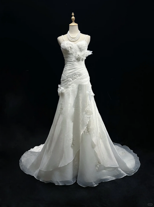 ✨Girlhomeshops-White Spaghetti Strap Sweetheart Mermaid Wedding Gown 3D Floral Organza gh10149