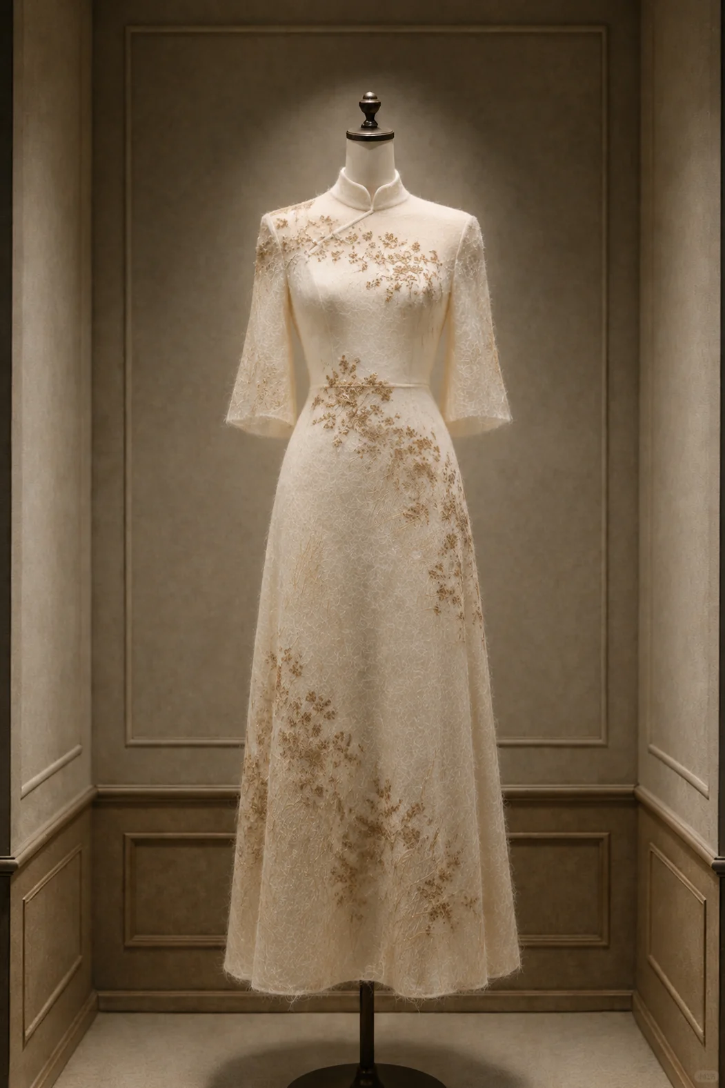 ✨Girlhomeshops-Chinese Lace Qipao Long Formal Gown with Gold Floral Embroidery gh10363