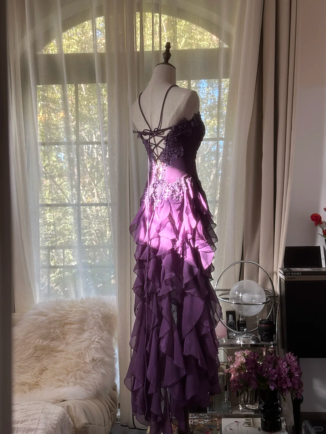 Robe de soirée longue et élégante en mousseline de soie, à volants, violette, romantique, sans manches, pour fête d'anniversaire, gh4270