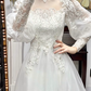 Ivory Vintage Lace Mock‑High‑Neck Puff‑Sleeve Double‑Lace‑Trim Long Train Wedding Dress gh8771