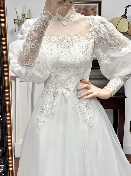 Ivory Vintage Lace Mock‑High‑Neck Puff‑Sleeve Double‑Lace‑Trim Long Train Wedding Dress gh8771