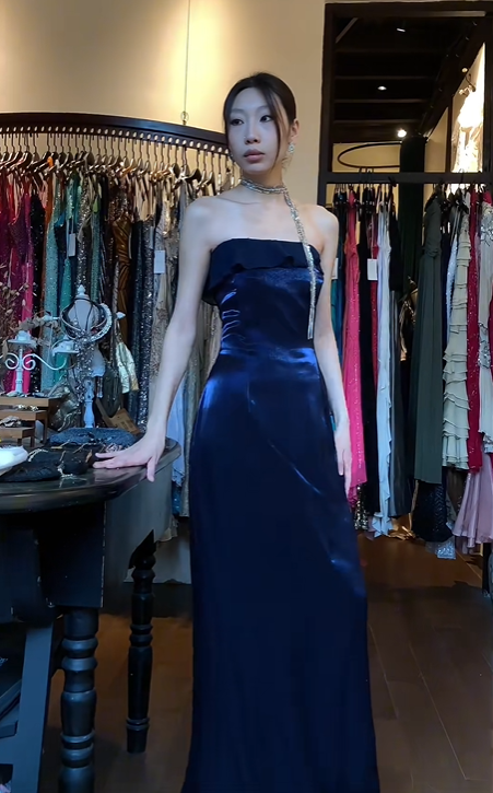 Navy Blue Strapless Tube Satin Formal Gown Ruffle Neck Fitted Long Evening Prom Dress gh9684