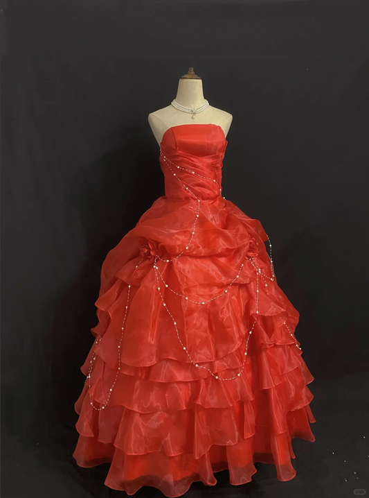 Red Strapless Long Romantic Wedding Dress, Cinched Waist, Voluminous Princess Skirt gh8352